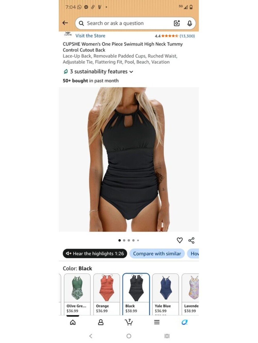 CUPSHE Women's One Piece Swimsuit High Neck Tummy Control Cutout BackLace